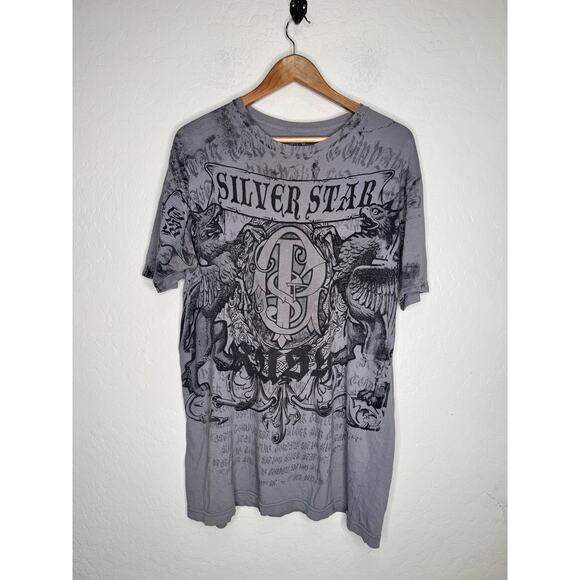 Y2K Silver Star T-Shirt Large Y2k Grunge St Pierre GSP Gray Metallic UFC MMA USA - Picture 1 of 4